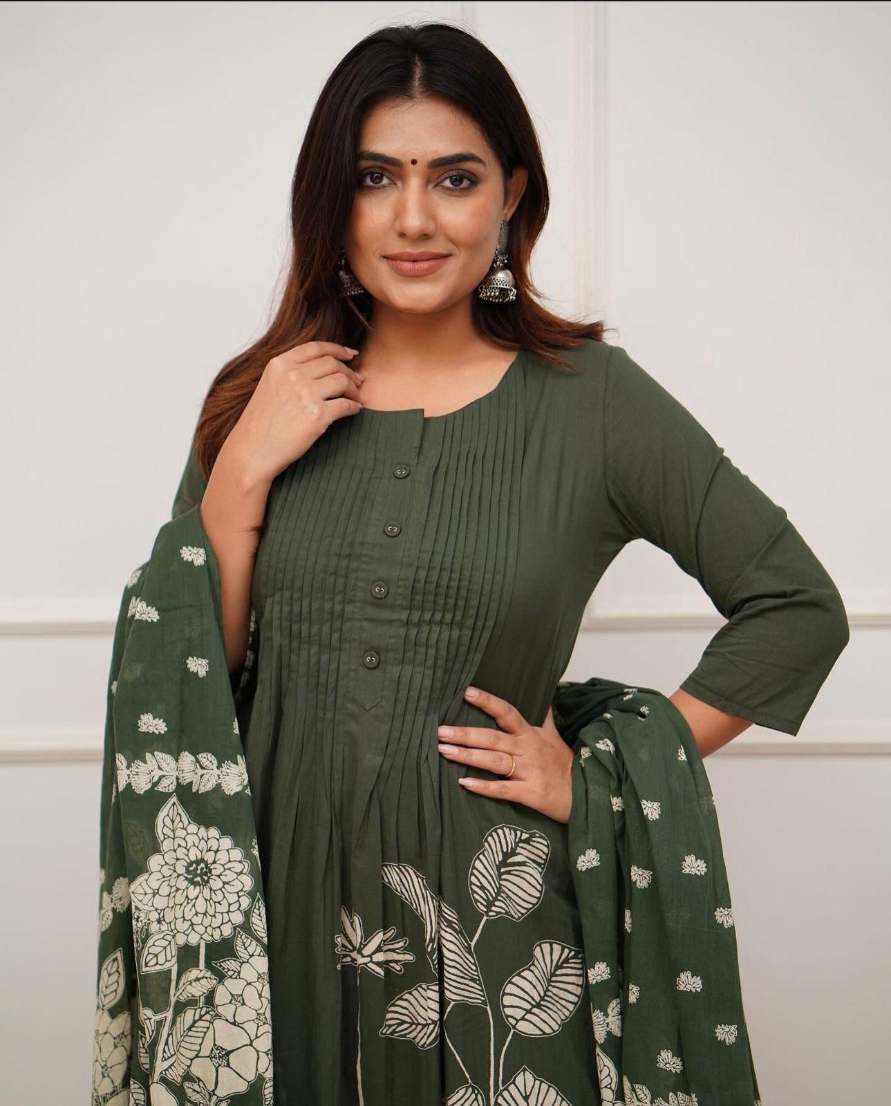 Premium Rayon Jaipur Print A-Line Suit Set with Sequins Work & Lace Dupatta