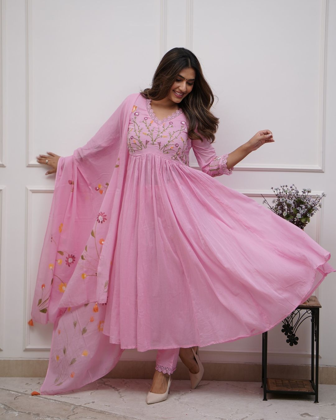 Premium Pure Cotton Embroidered Suit Set with Sequins and Discharge Print