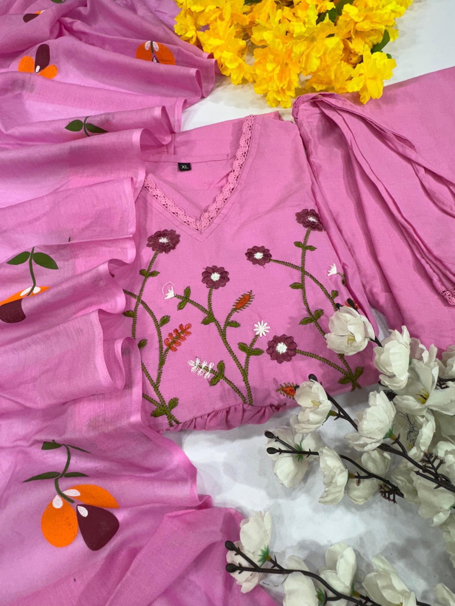 Premium Pure Cotton Embroidered Suit Set with Sequins and Discharge Print