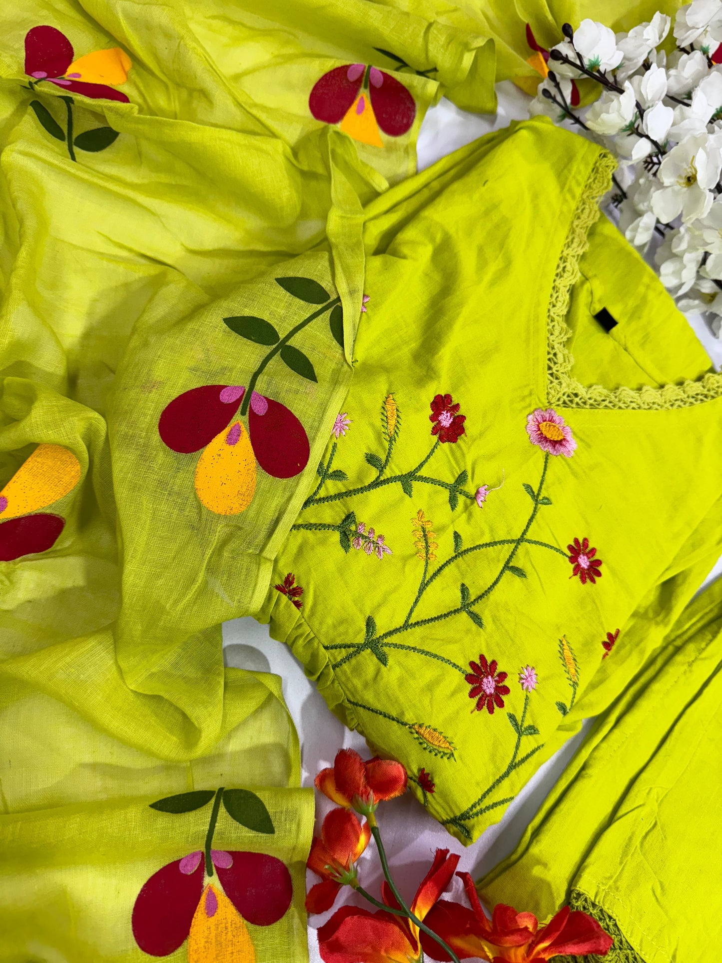 Premium Pure Cotton Embroidered Suit Set with Sequins and Discharge Print