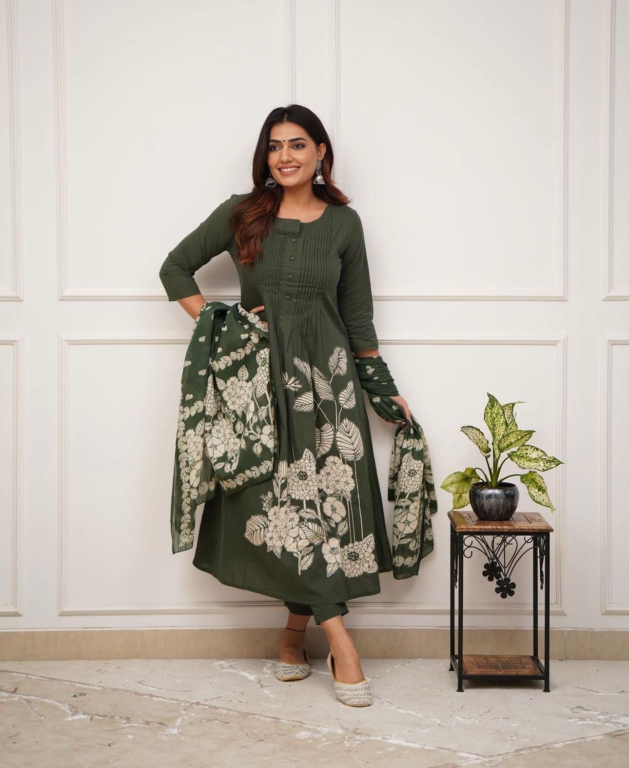 Premium Rayon Jaipur Print A-Line Suit Set with Sequins Work & Lace Dupatta