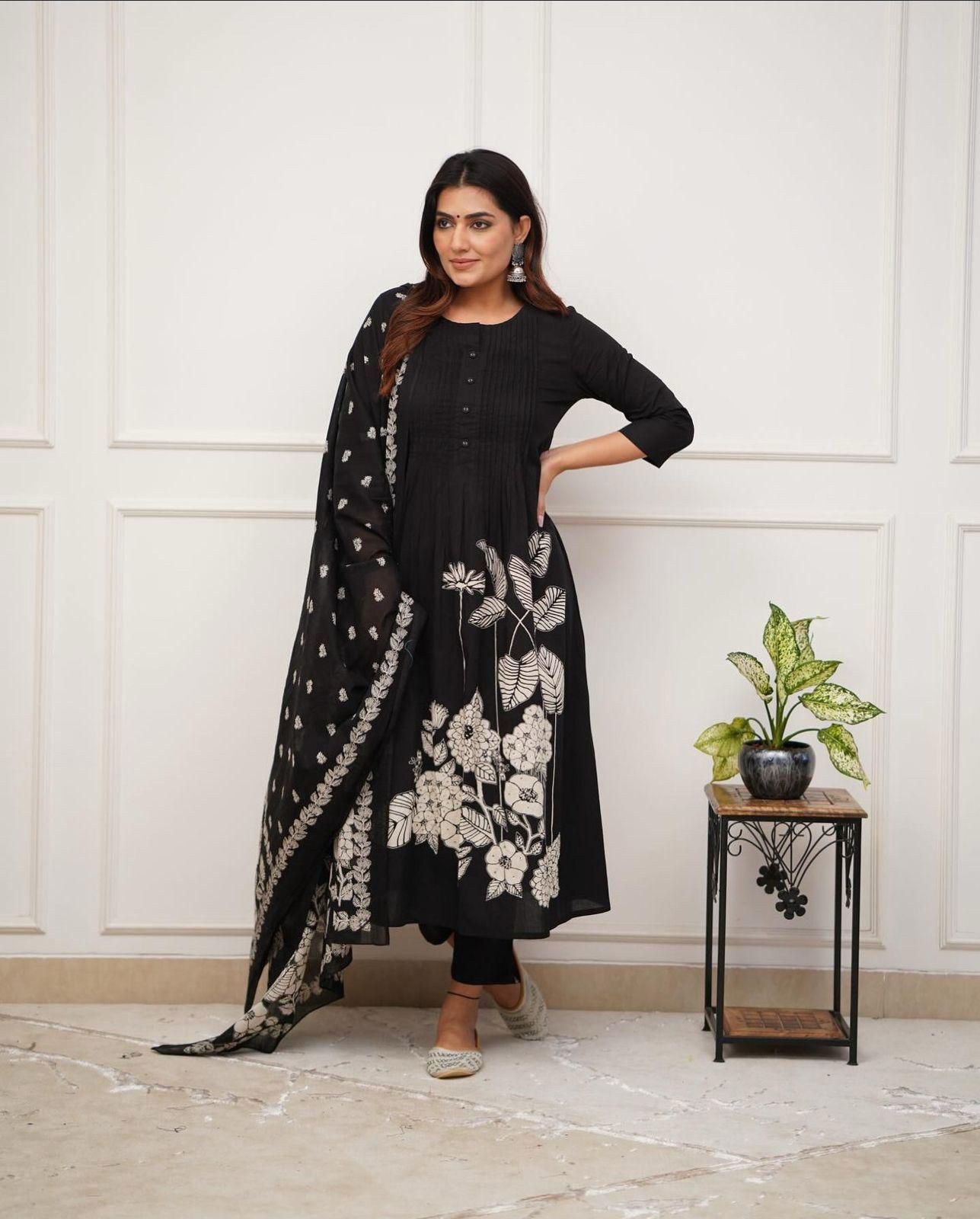 Premium Rayon Jaipur Print A-Line Suit Set with Sequins Work & Lace Dupatta