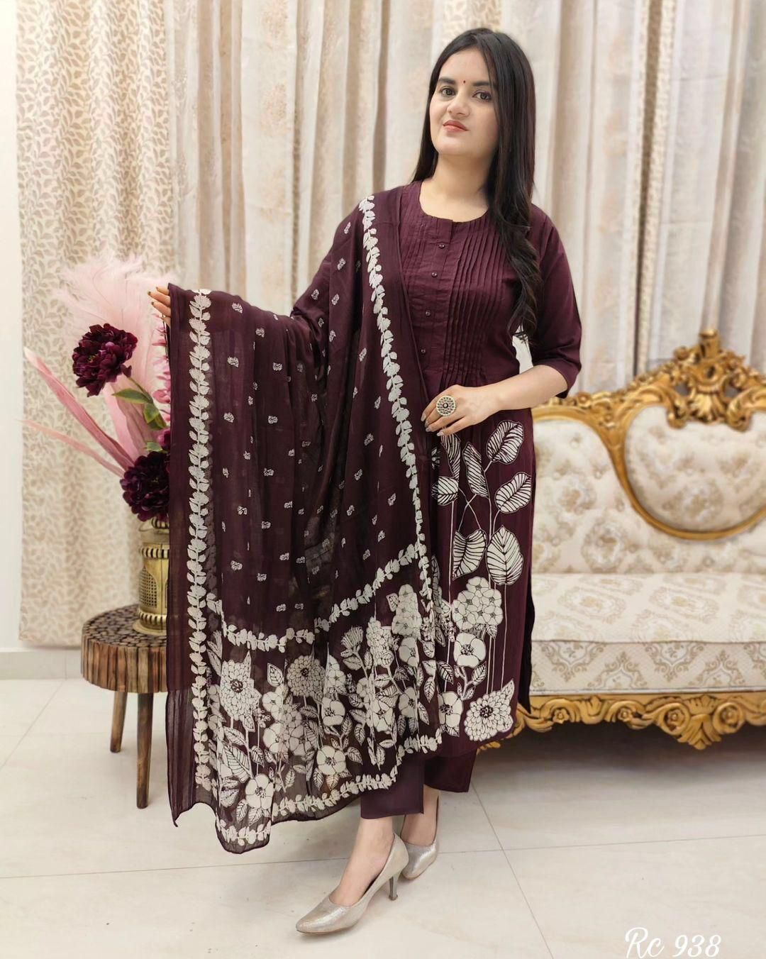 Premium Rayon Jaipur Print A-Line Suit Set with Sequins Work & Lace Dupatta