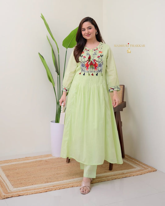 Elegant Heavy Cotton Embroidered Kurti & Pant Set – Fully Stitched