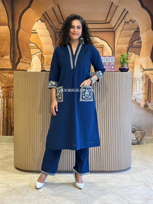New Design Cotton Slub Fabric Heavy Embroidery on both sides pocket Coord Set