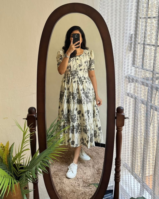 Ikkat Printed Pure Cotton Full-Flare Middy Gown – Floral Design