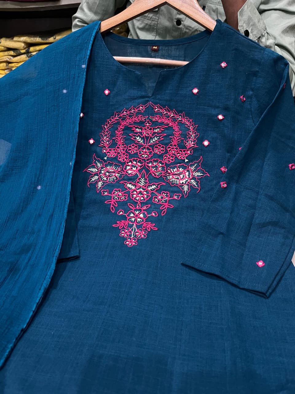 Premium A-Line Cotton Slub Kurta Set with Floral Embroidery & Dupatta