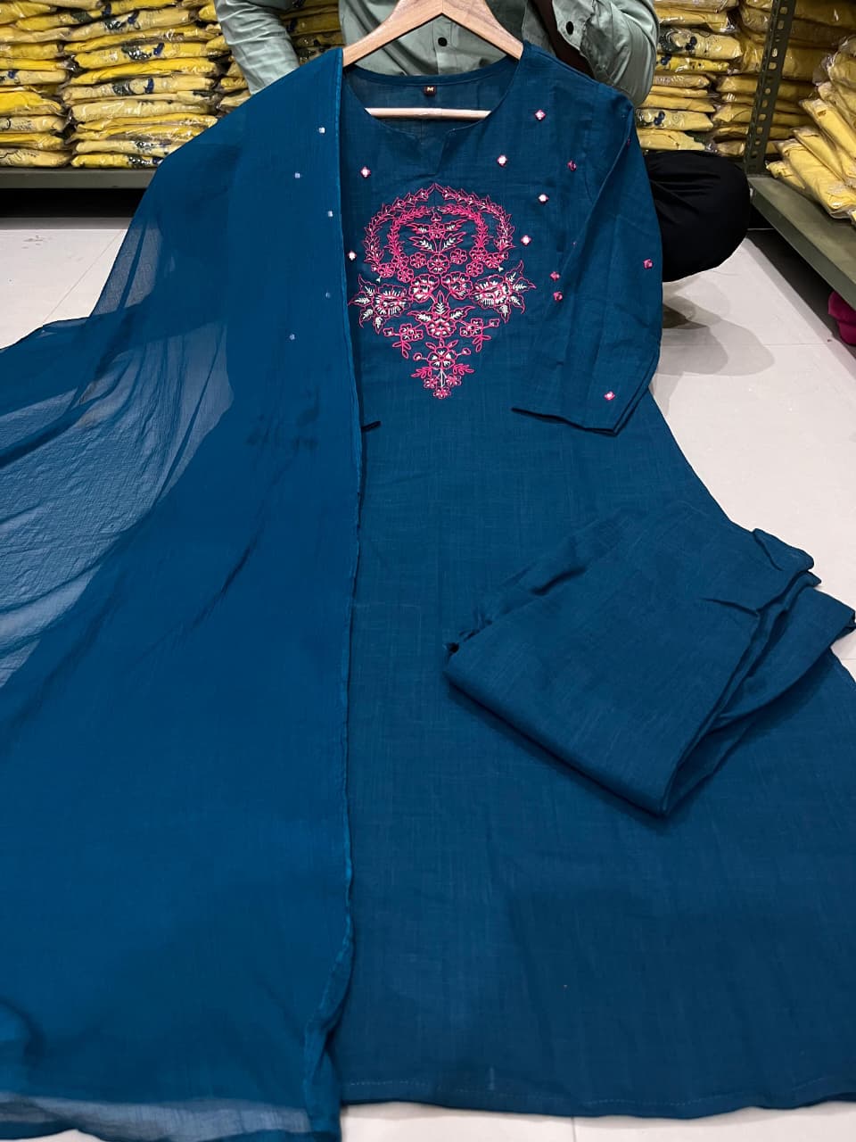 Premium A-Line Cotton Slub Kurta Set with Floral Embroidery & Dupatta