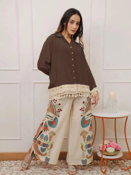 Premium Cotton 60x60 Co-ord Set with Lace Work Top & Printed Cotton Slub Palazzo
