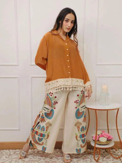 Premium Cotton 60x60 Co-ord Set with Lace Work Top & Printed Cotton Slub Palazzo