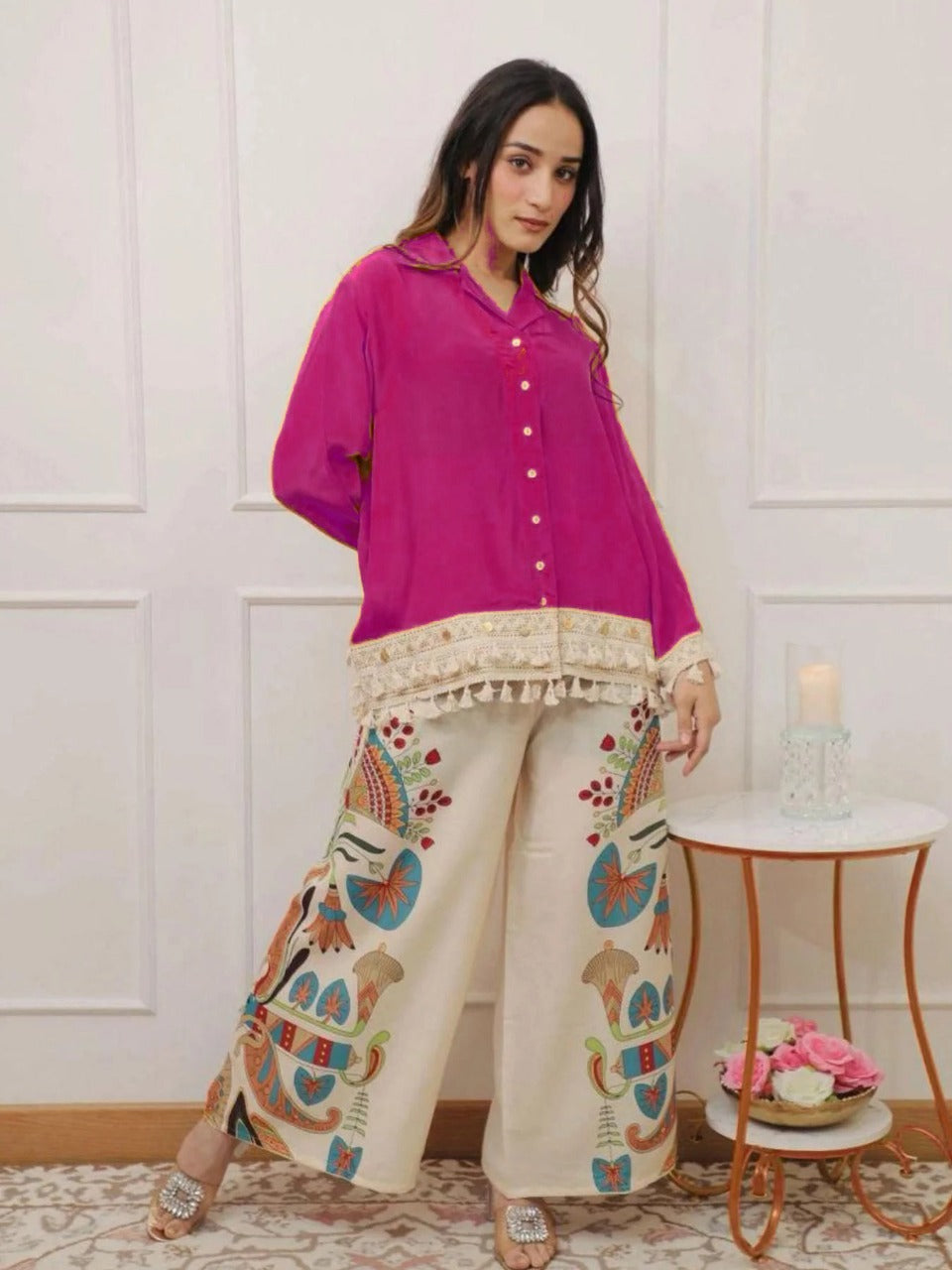 Premium Cotton 60x60 Co-ord Set with Lace Work Top & Printed Cotton Slub Palazzo