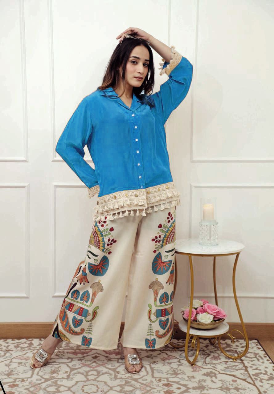 Premium Cotton 60x60 Co-ord Set with Lace Work Top & Printed Cotton Slub Palazzo