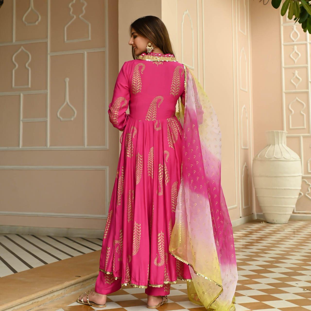 New Article For Festive Session Fabric Rayon Gold Printed Naira Cut Kurta with Pant & Dupatta Set