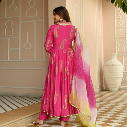 New Article For Festive Session Fabric Rayon Gold Printed Naira Cut Kurta with Pant & Dupatta Set