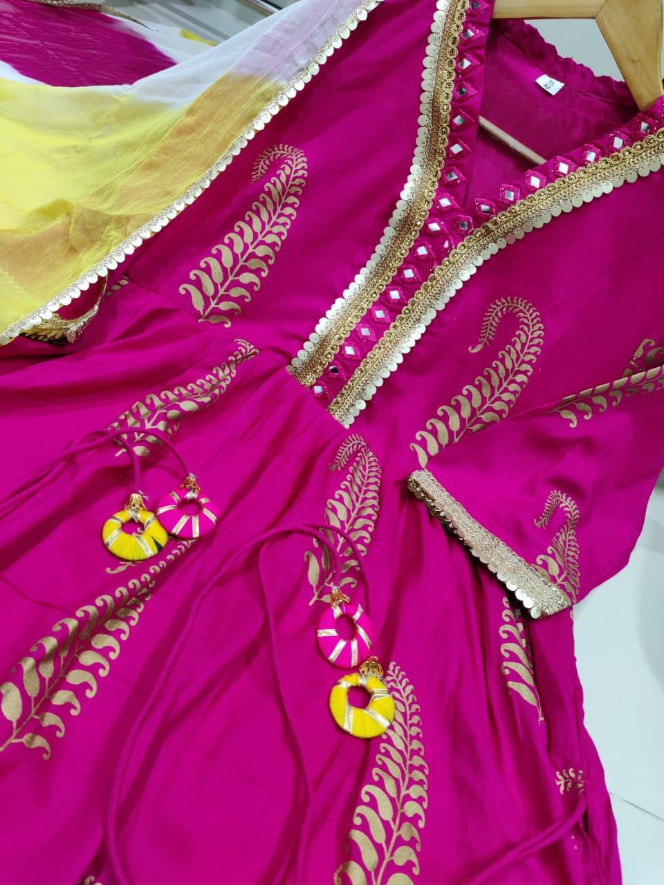 New Article For Festive Session Fabric Rayon Gold Printed Naira Cut Kurta with Pant & Dupatta Set