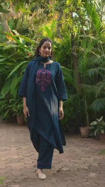Premium A-Line Cotton Slub Kurta Set with Floral Embroidery & Dupatta