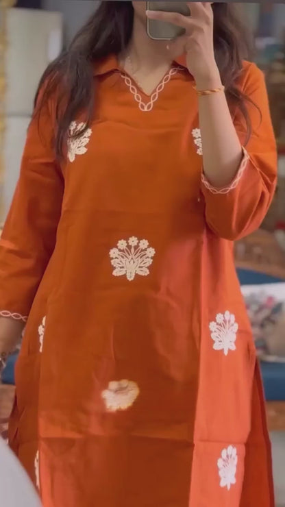 White Cotton Embroidered Kurti Pant Set with Dupatta