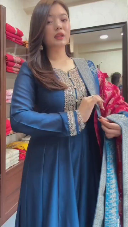 Jashn-E-Noor Banana Silk Anarkali Flared Kurti Pant Dupatta Set with Golden Zari Work