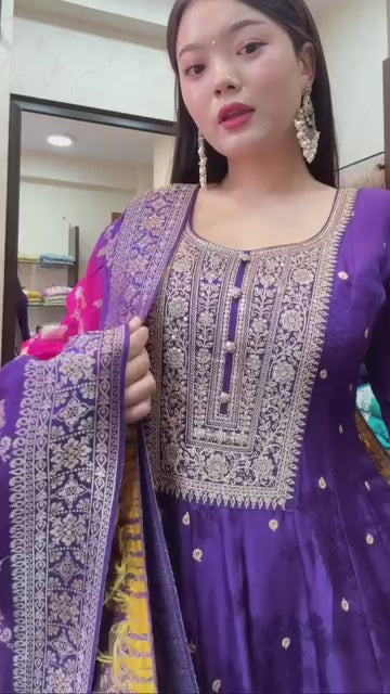 Jashn-E-Bahaaraa Banana Silk Anarkali Flared Kurti Pant Dupatta Set with Golden Zari Work