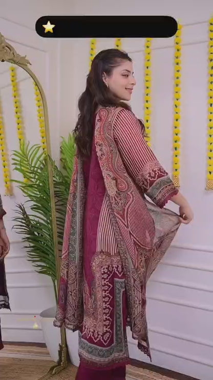 Maroon Rajhans Muslin Suit with Digital Print & Hand Embroidery